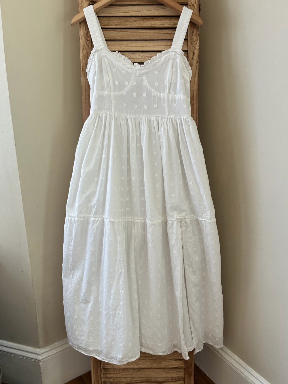 American Eagle White Clip Dot Babydoll Midi Dress Cottagecore Tiered Med